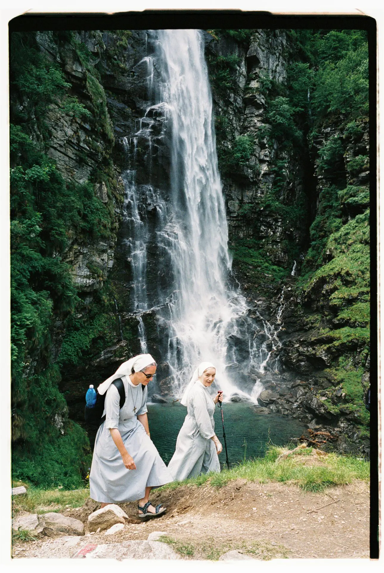 Hiking nuns at La Froda waterfall